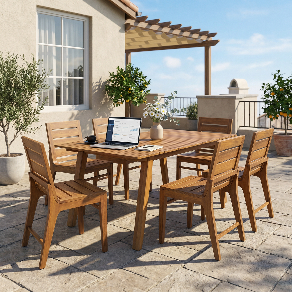 Teak Finish Solid Wood 7-Piece Patio Dining Set for 6, Curved