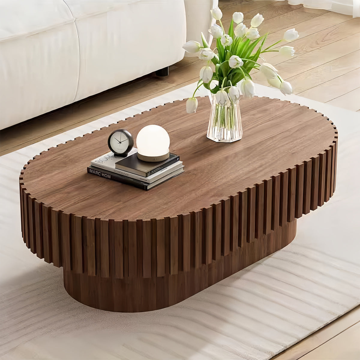 Walnut Fluted Oval Pedestal Coffee Table, 43.1 in