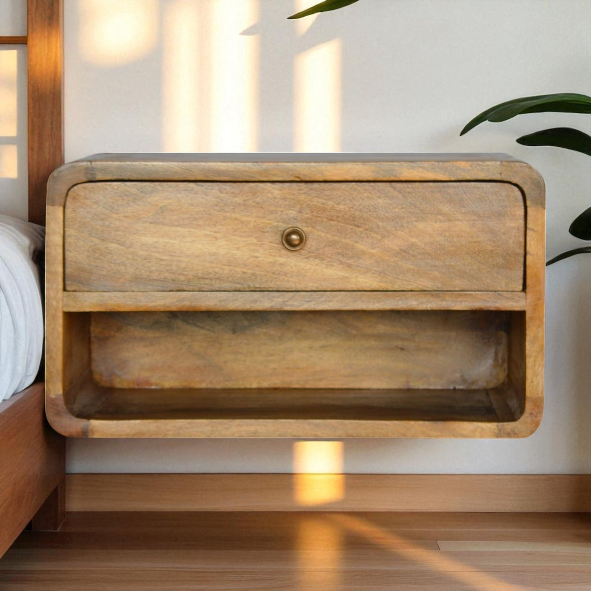 Oak Solid Mango Curved Floating 1-Drawer Nightstand with Open Shelf