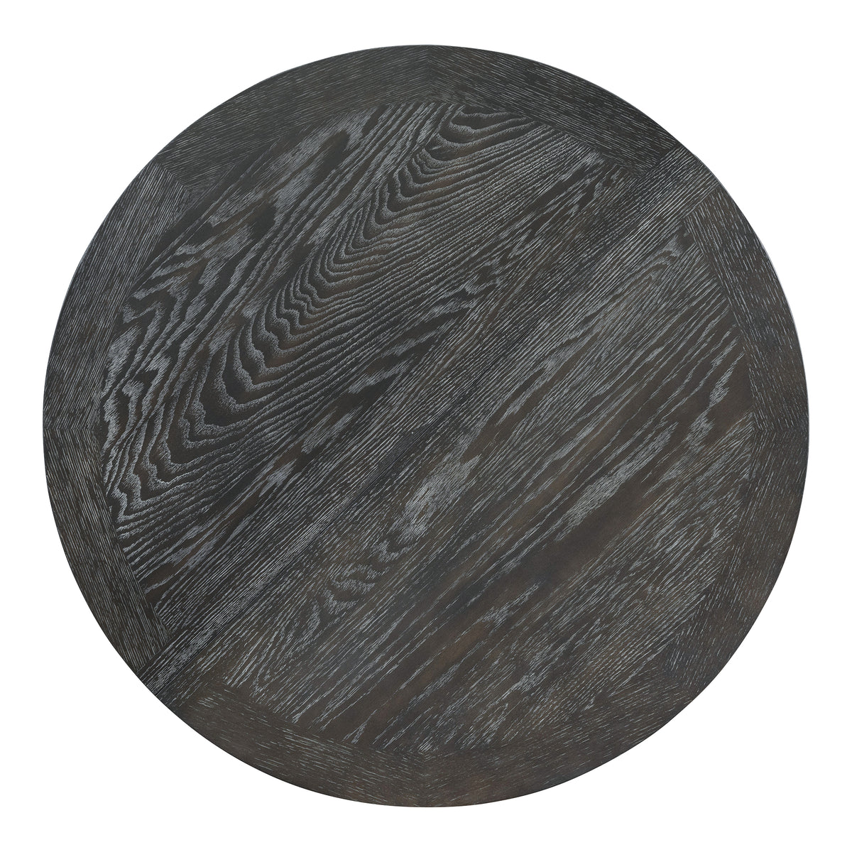 Overhead view of the round black wire-brushed oak tabletop