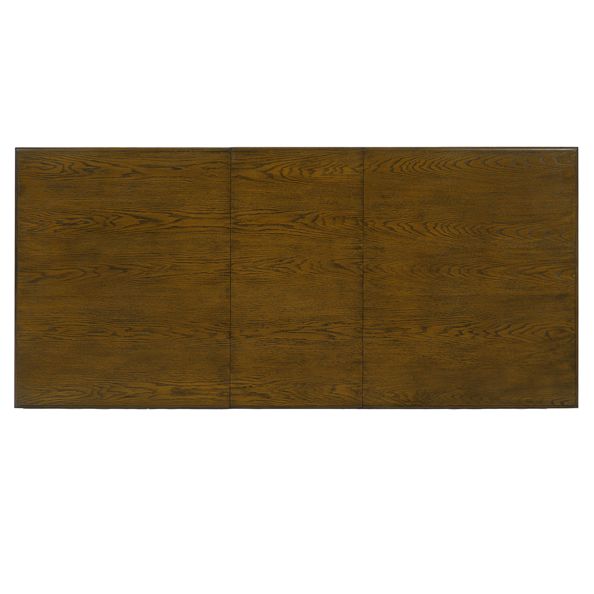 Straight-on studio side view of brown oak top farmhouse dining table with white legs on white background