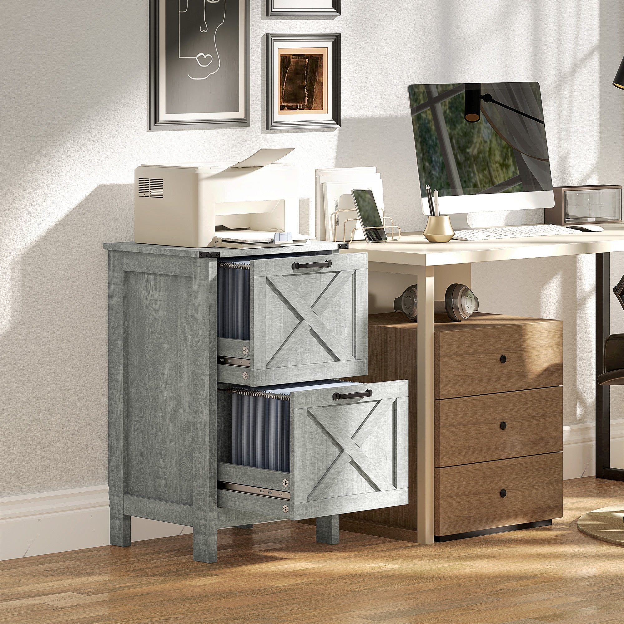 Farmhouse File Cabinet, 2 Drawers, 29.5 in Tall, Light Gray