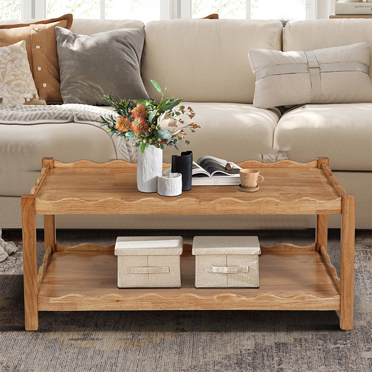 Natural Wood Scalloped Rectangular Coffee Table with Shelf, 43.3 in