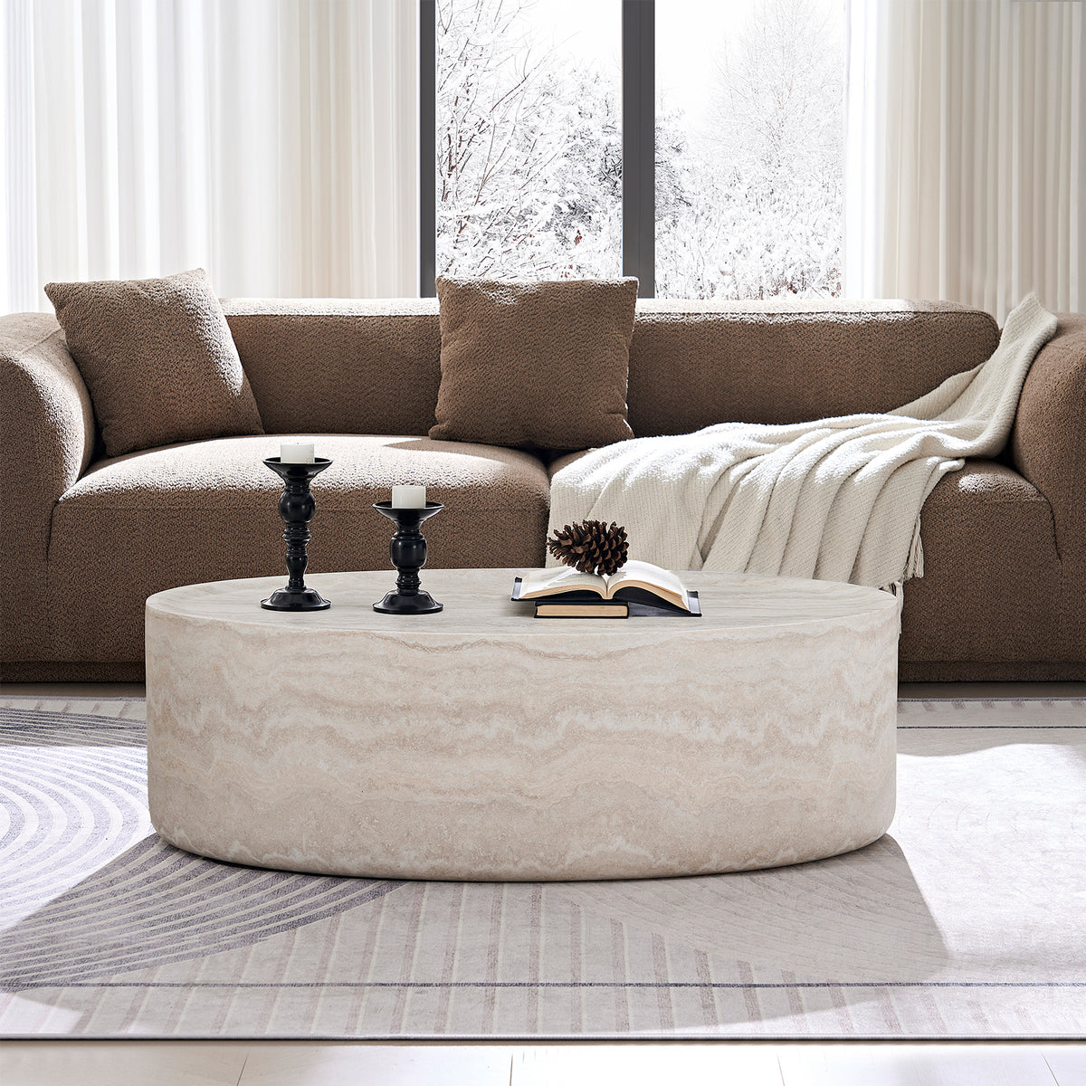 Beige Fiberglass Travertine-Look Oval Coffee Table, 43.7 in