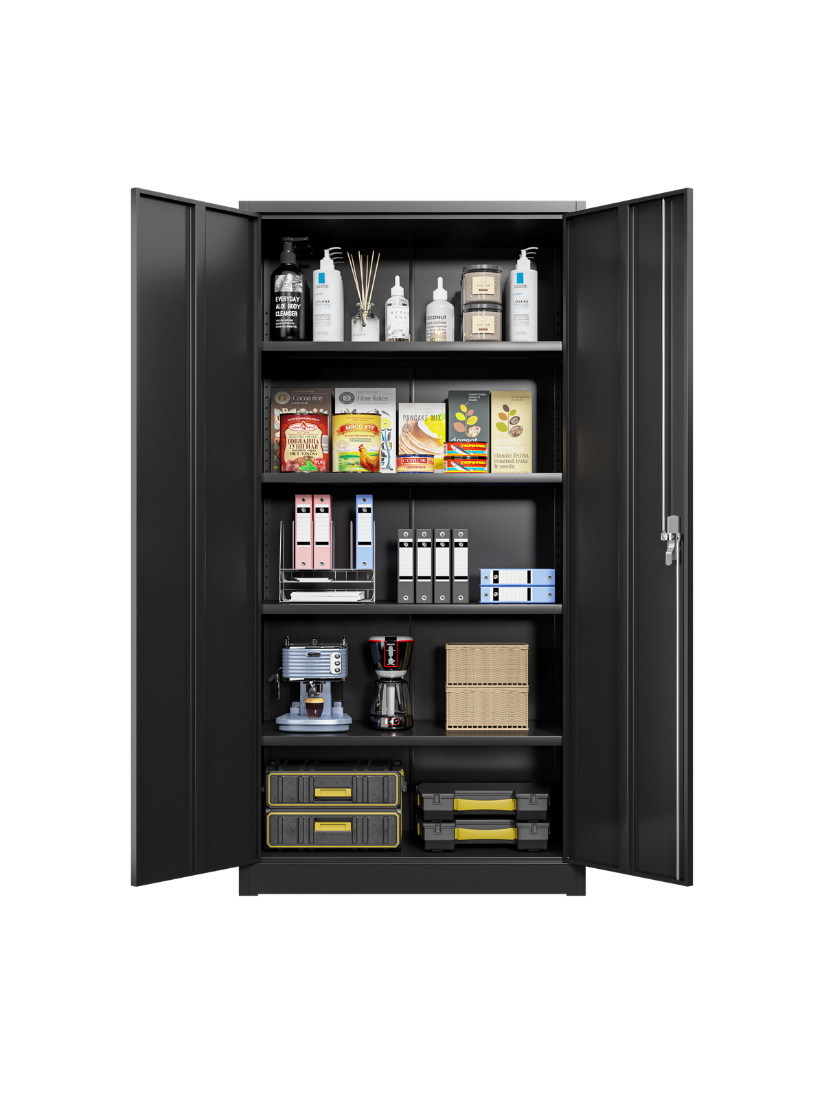 Metal Storage Cabinet, 2 Doors, Locking, 71.2 in, Black