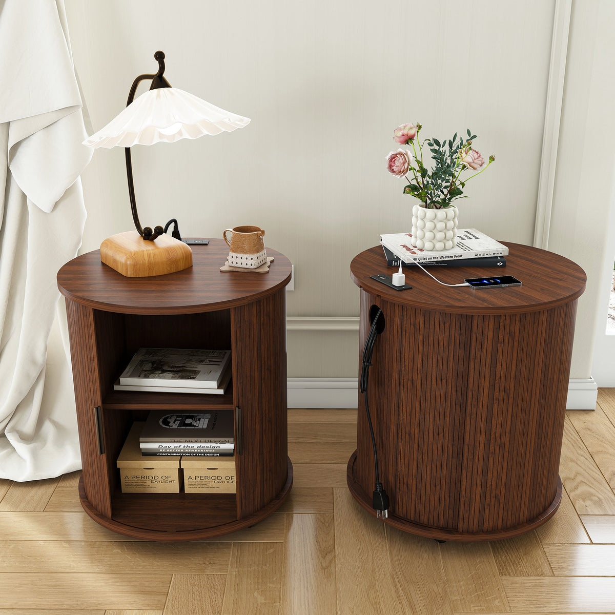 Round Cylinder Nightstand Set of 2 with Charging Station, Walnut