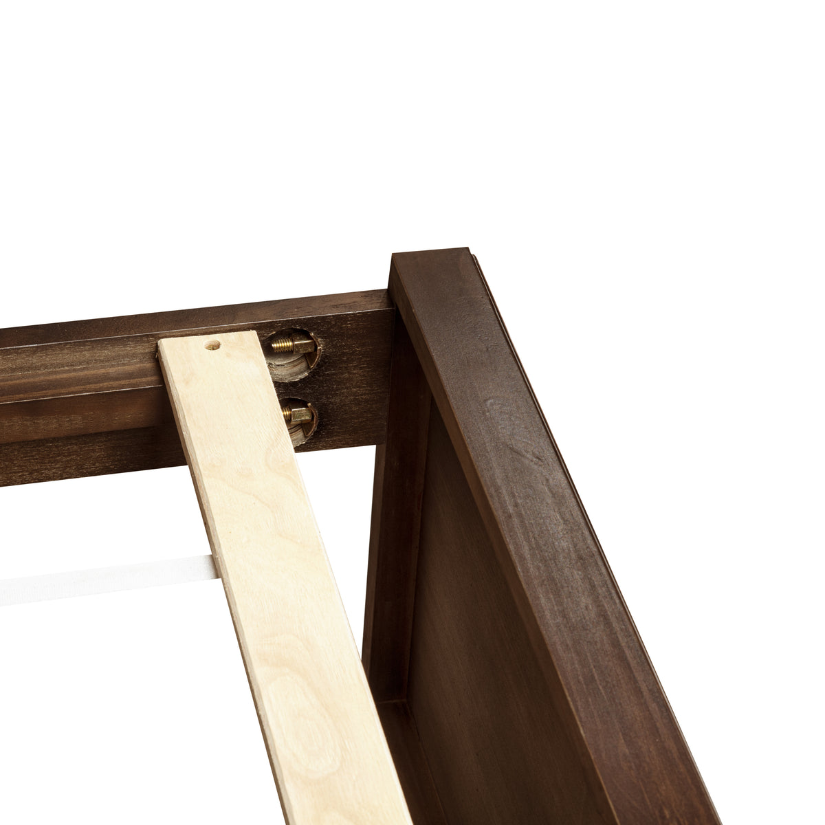Closeup of rich brown bed frame corner joint with bolt hardware and wood slat