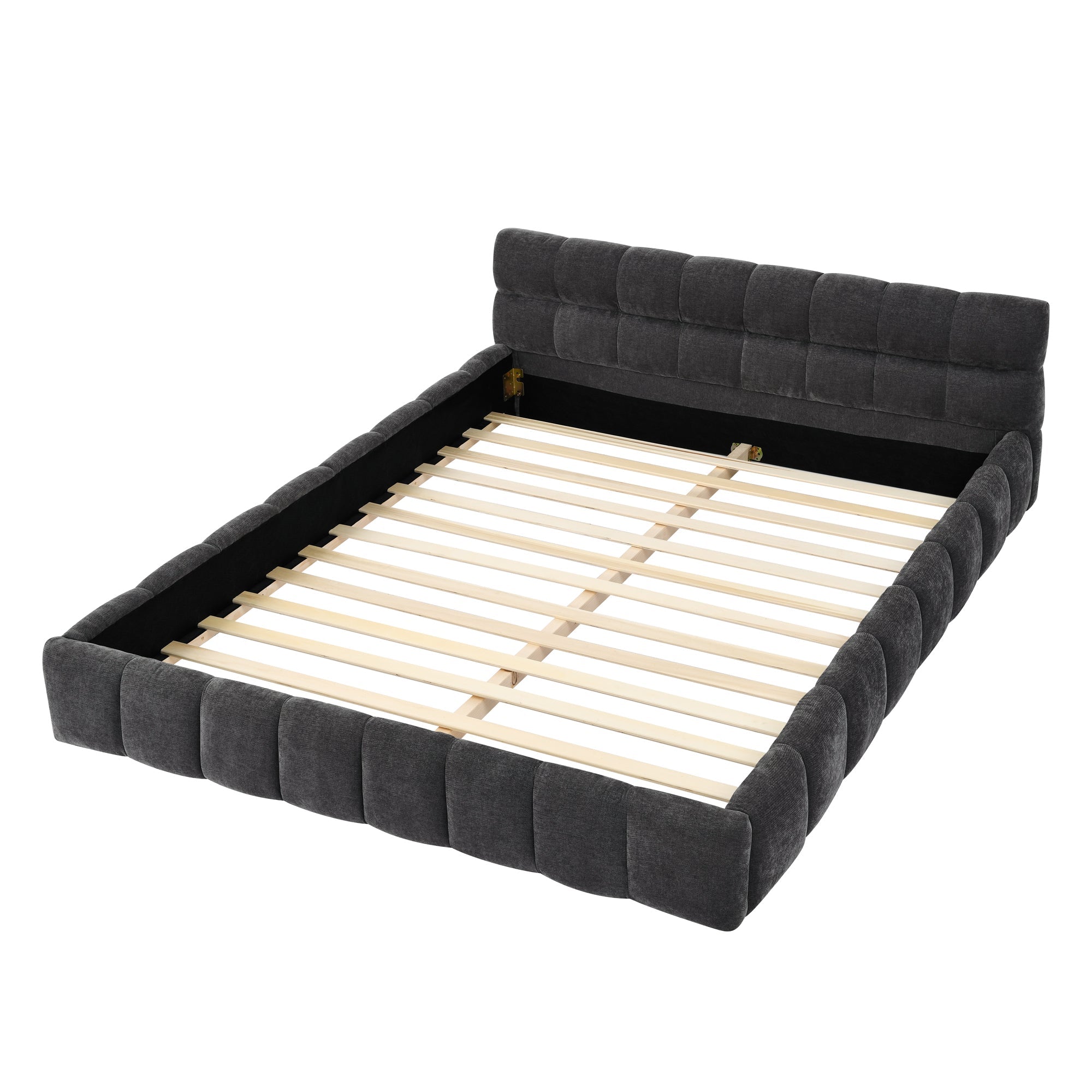 Dark grey chenille channel-tufted platform bed frame, angled view on white, wood slats exposed #Color_Dark Grey