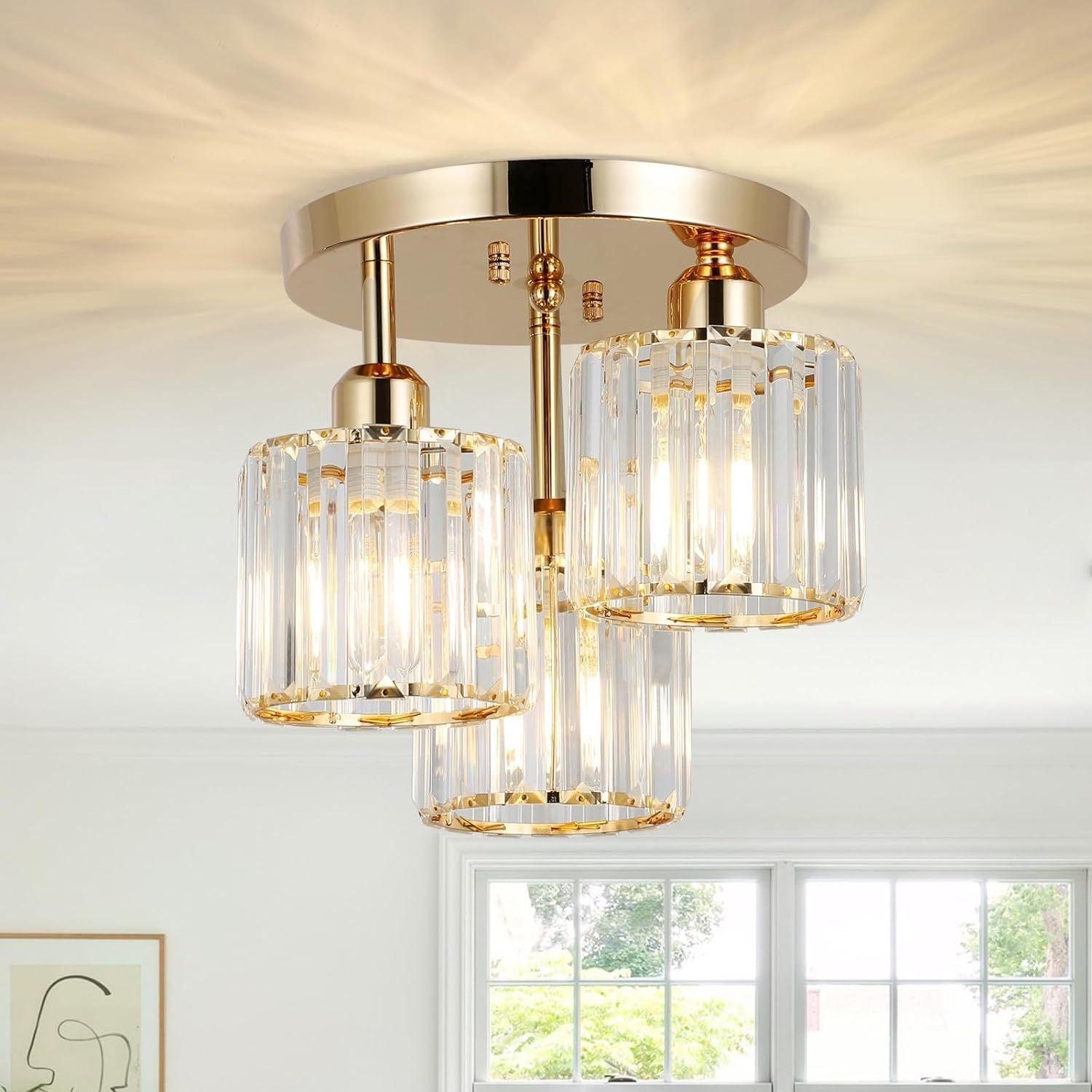 Semi Flush Mount Ceiling Light, 3-Light Crystal Shade, Gold Finish