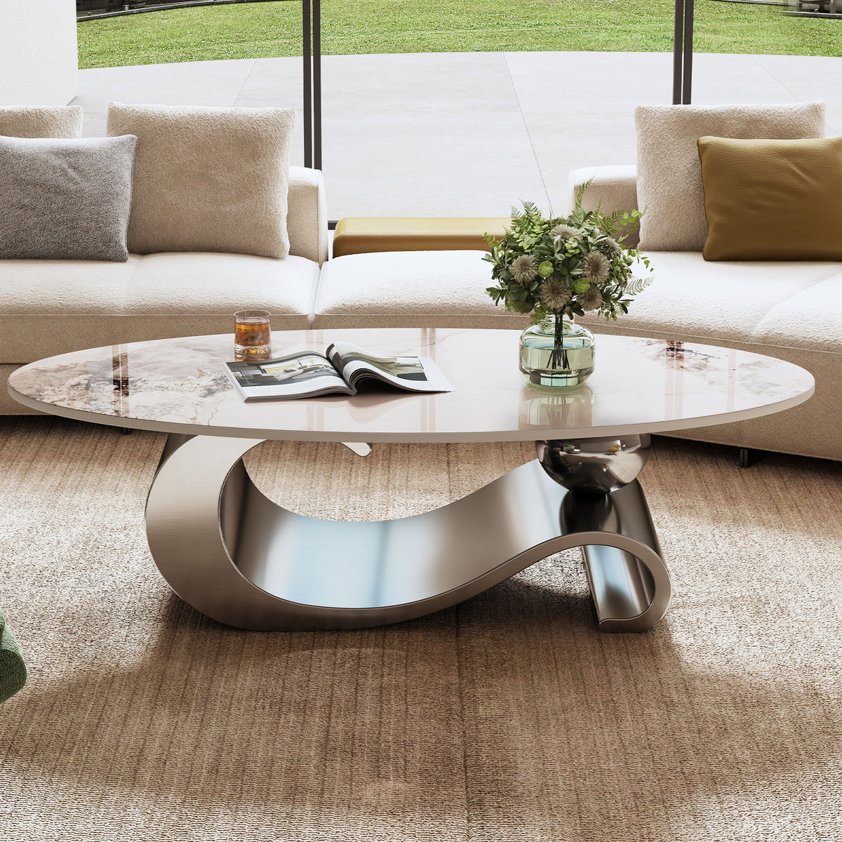Silver Sintered Stone Sculptural Oval Coffee Table, 49.2 in