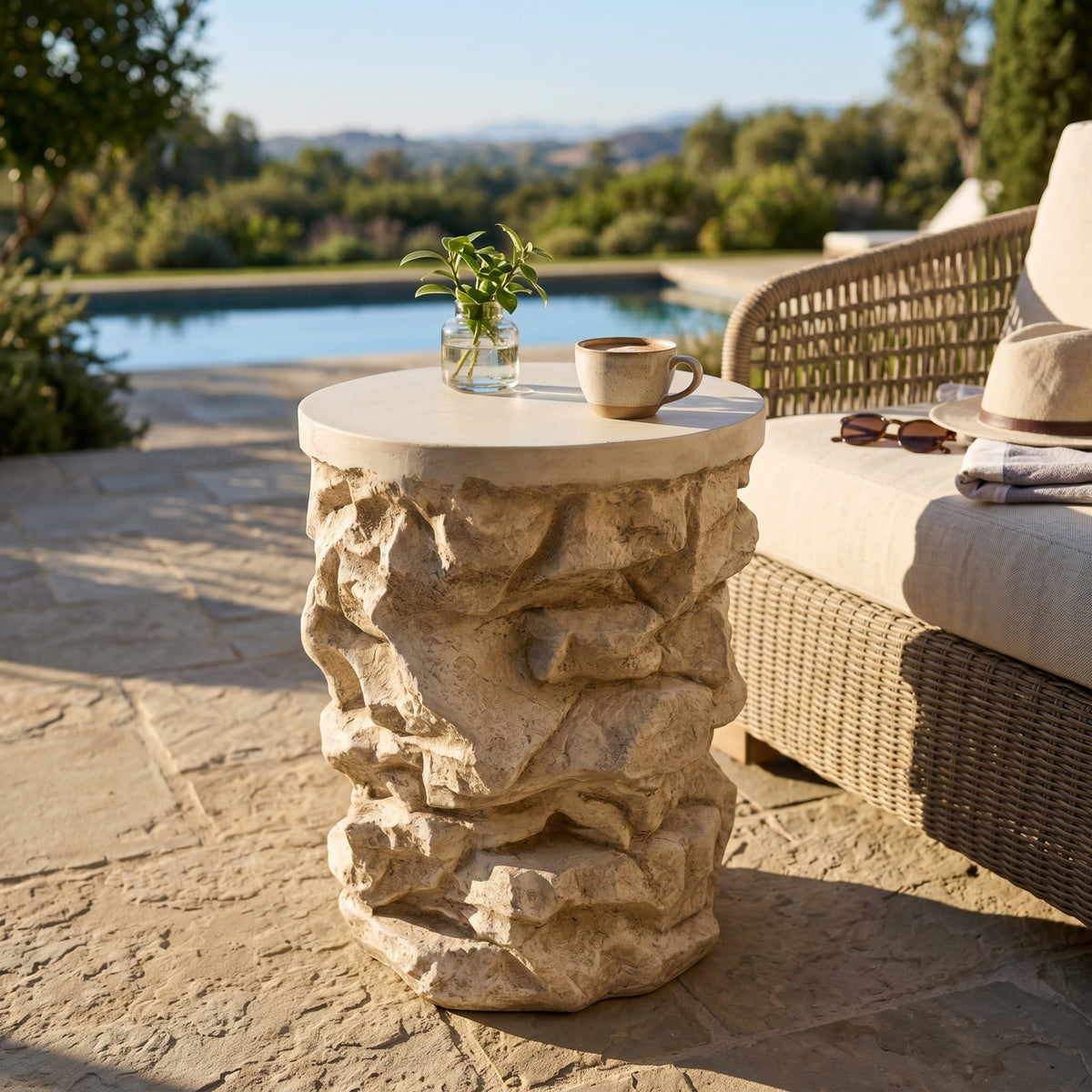Beige Round Outdoor Side Table
