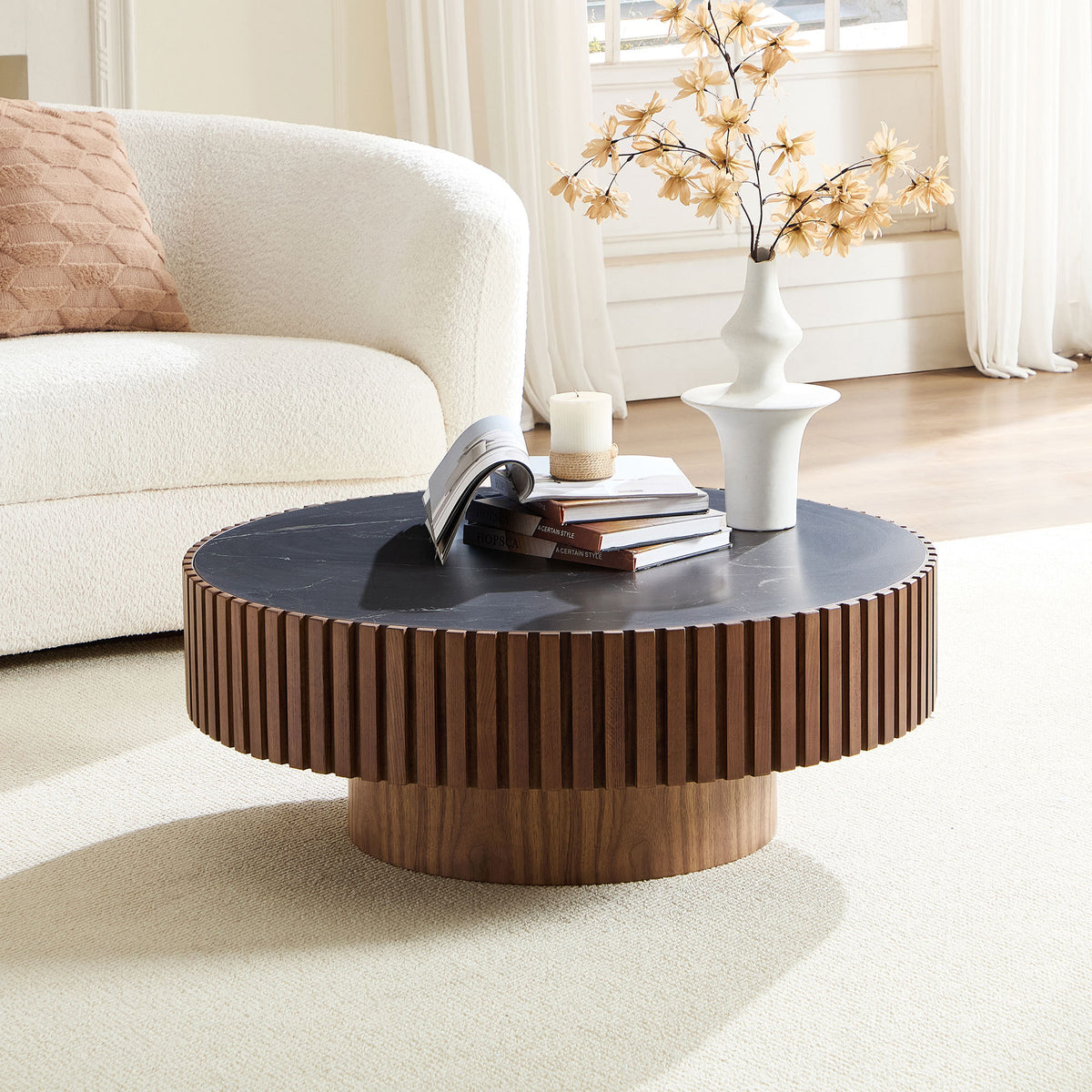 Walnut Sintered Stone Round Slatted Coffee Table, 35.4 in