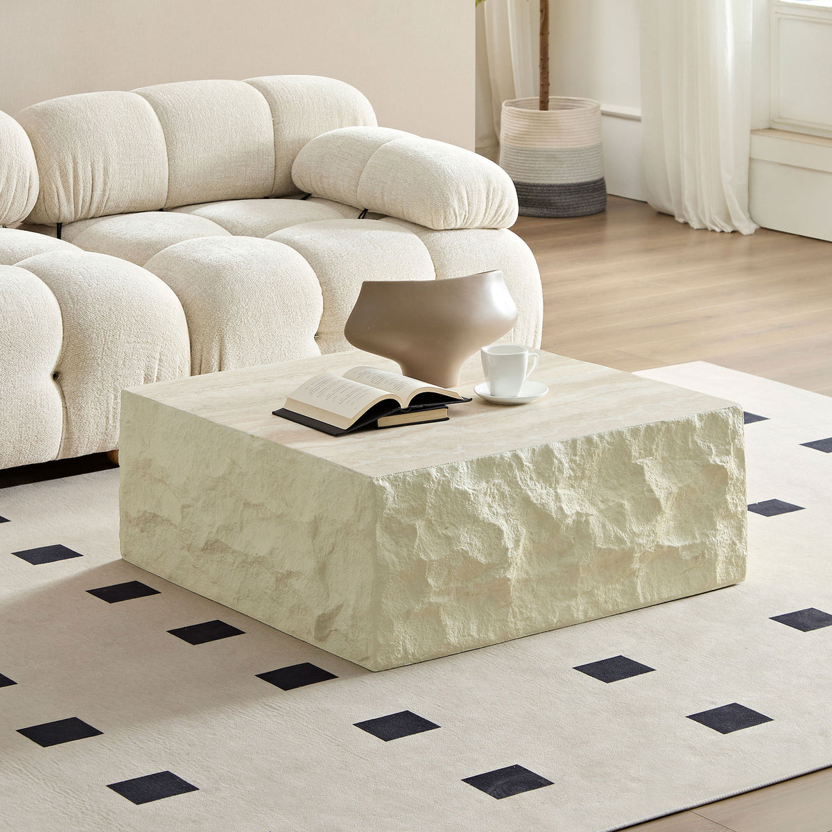 Beige Fiberglass Stone-Look Square Plinth Coffee Table, 35.4 in