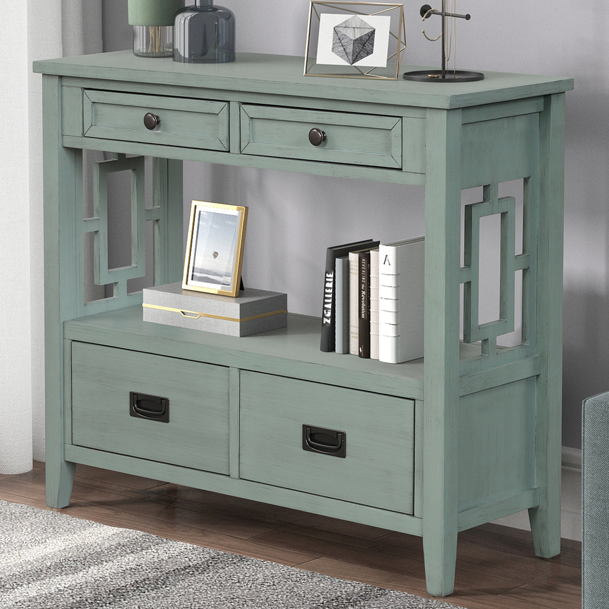 Sage Green Entryway Console Table, 4 Drawers, 36 in Wide