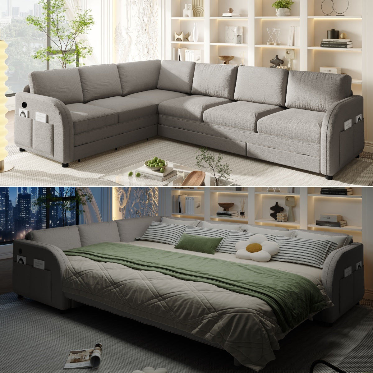Light Gray Sherpa L-Shaped Sleeper Sectional, 115.2 in Wide