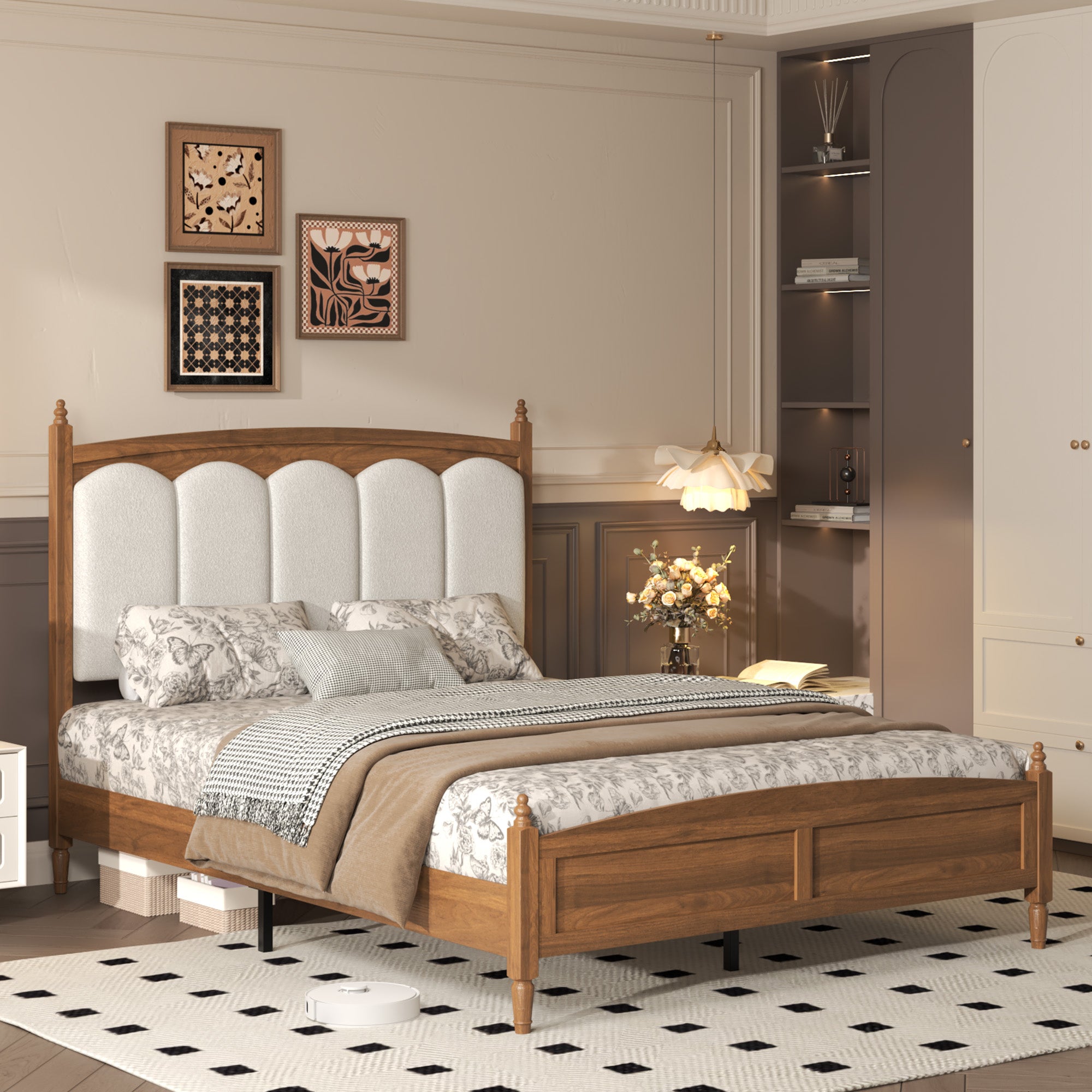 Left-angled view of the brown wood vintage queen bed with cream padded headboard in a styled room