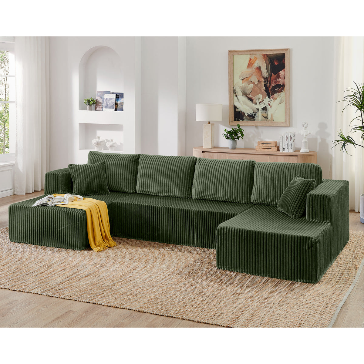 Green U-Shaped Modular Sectional Couch, No Assembly, 4-Seat