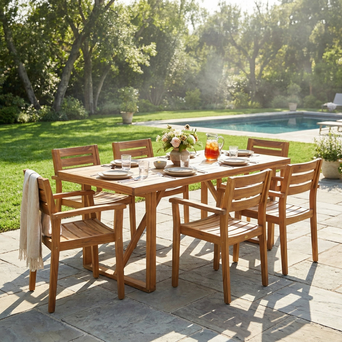 Teak Finish Solid Wood 7-Piece Patio Dining Set for 6