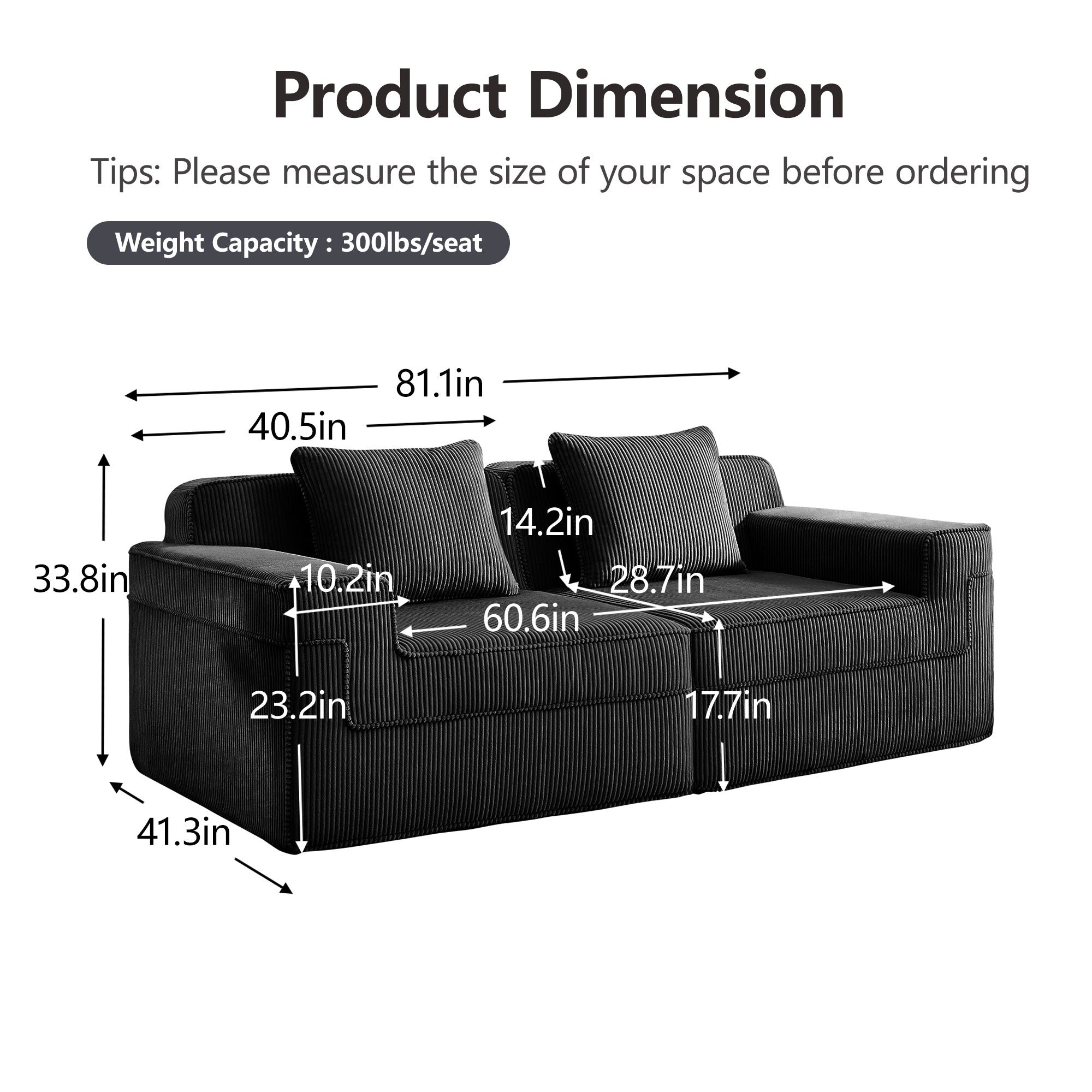 Hudson 2-Seat Boneless Couch in Black #OttOnly_0 #Color_Black