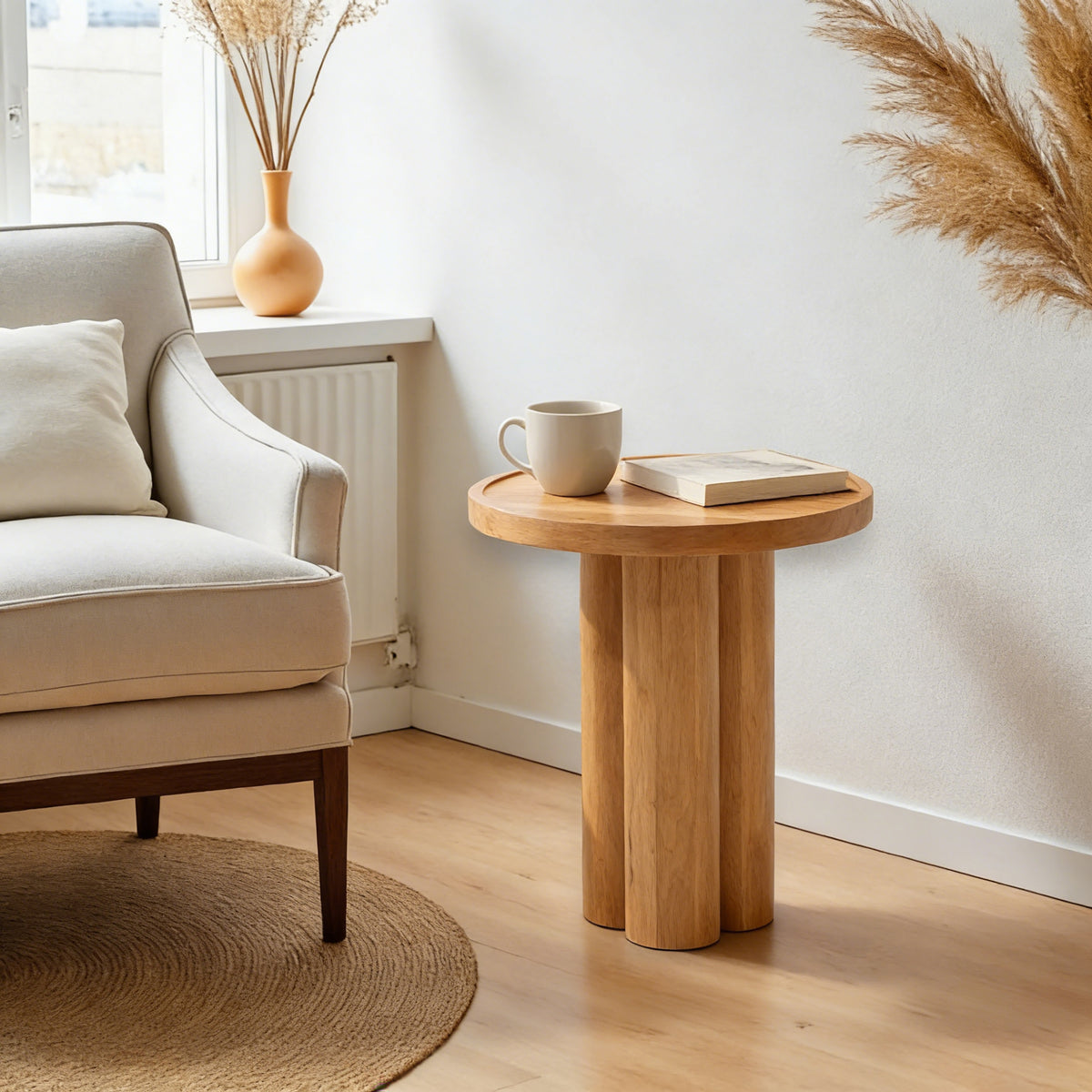 Natural Round Tray-Top Pedestal Side Table, 17 in