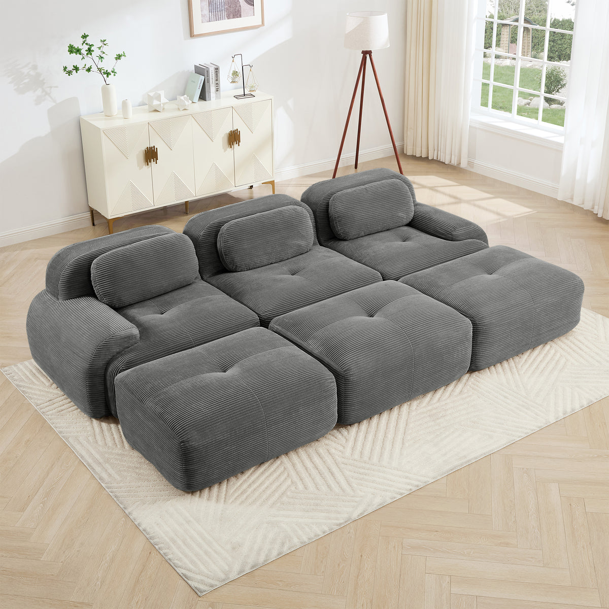 Gray Corduroy Modular 3-Seat Curved Sofa with 3 Ottomans