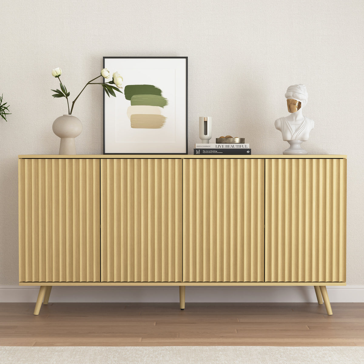 Fluted 4-Door Bar Cabinet, 59 in, Natural