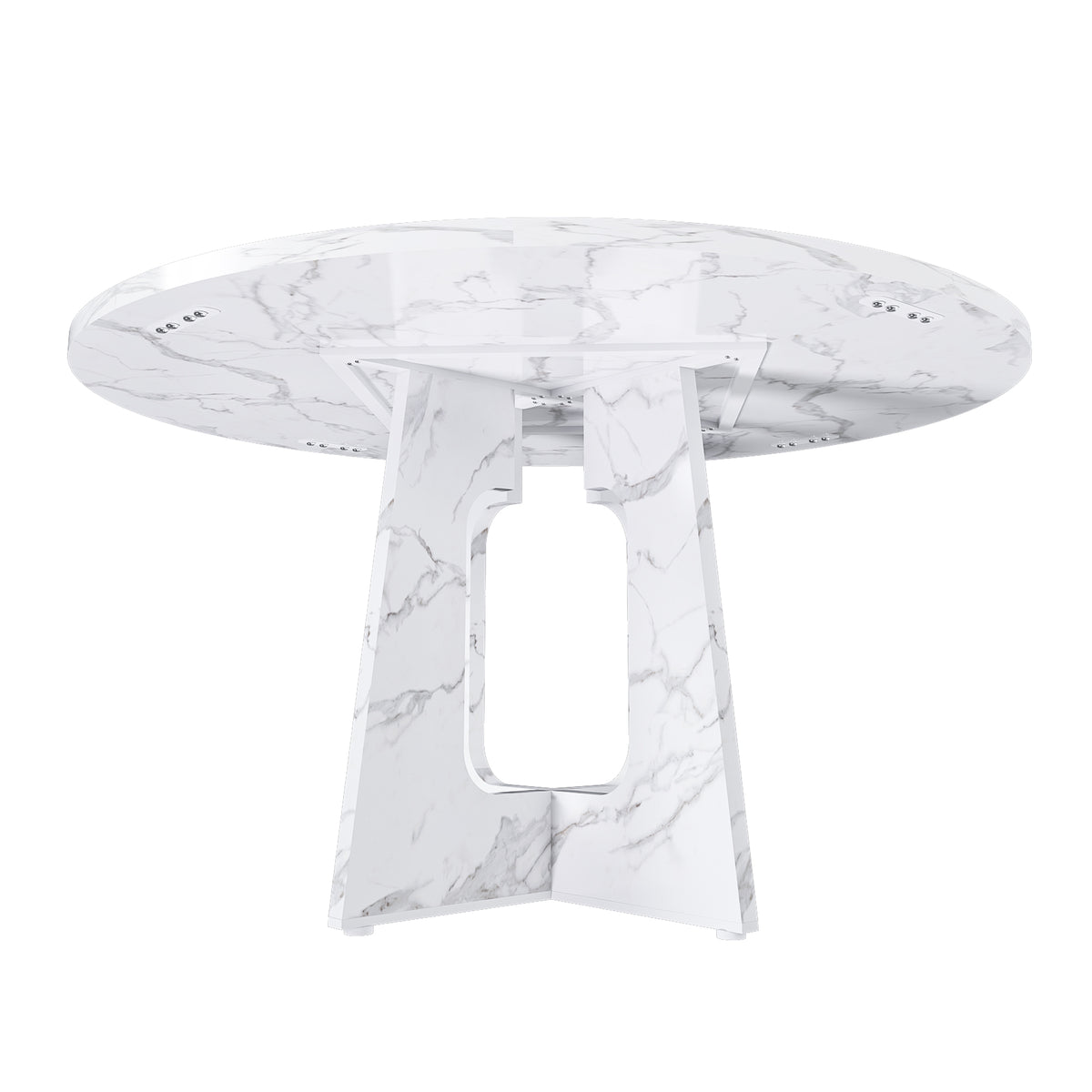 Underside view of the white faux marble round table showing cross base and metal connectors, white background