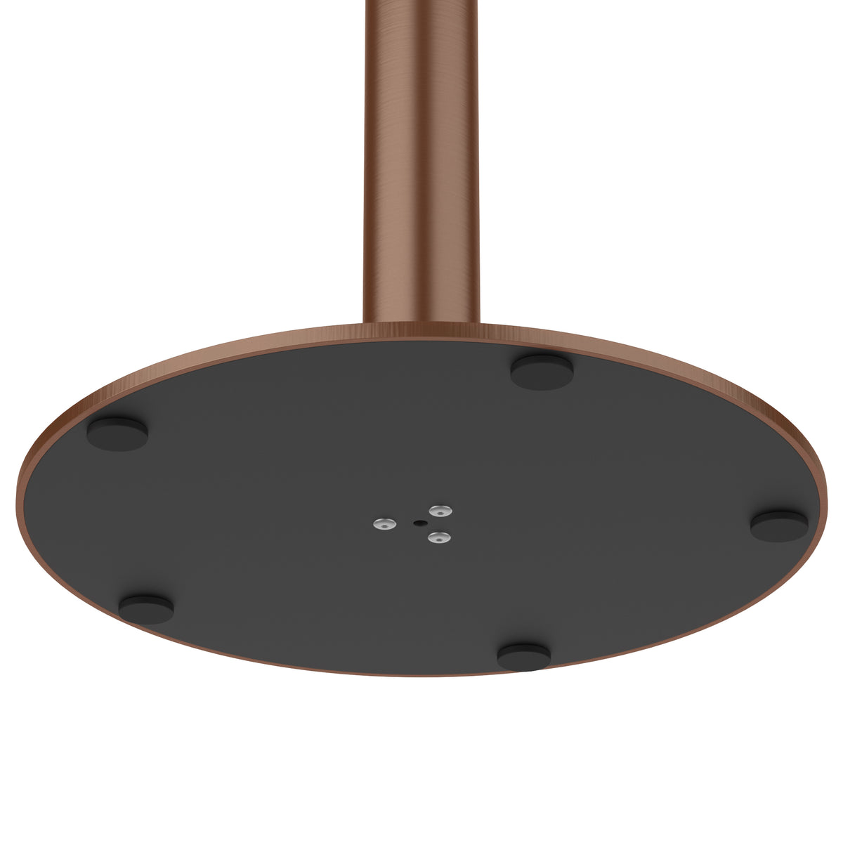 Underside view of square table base showing black mounting plate and foot pads