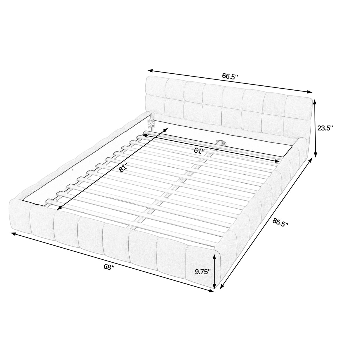Dimension diagram of the low profile queen bed frame with measurements labeled