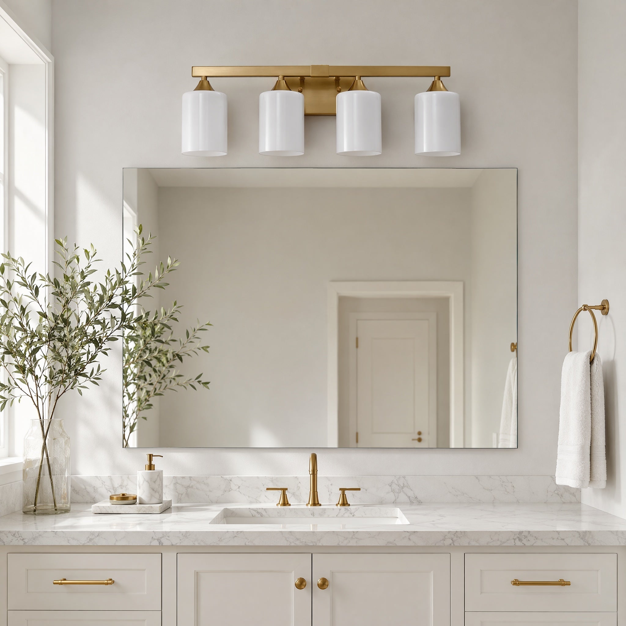Vanity Light, 4-Light Iron, Glass Shade, Gold