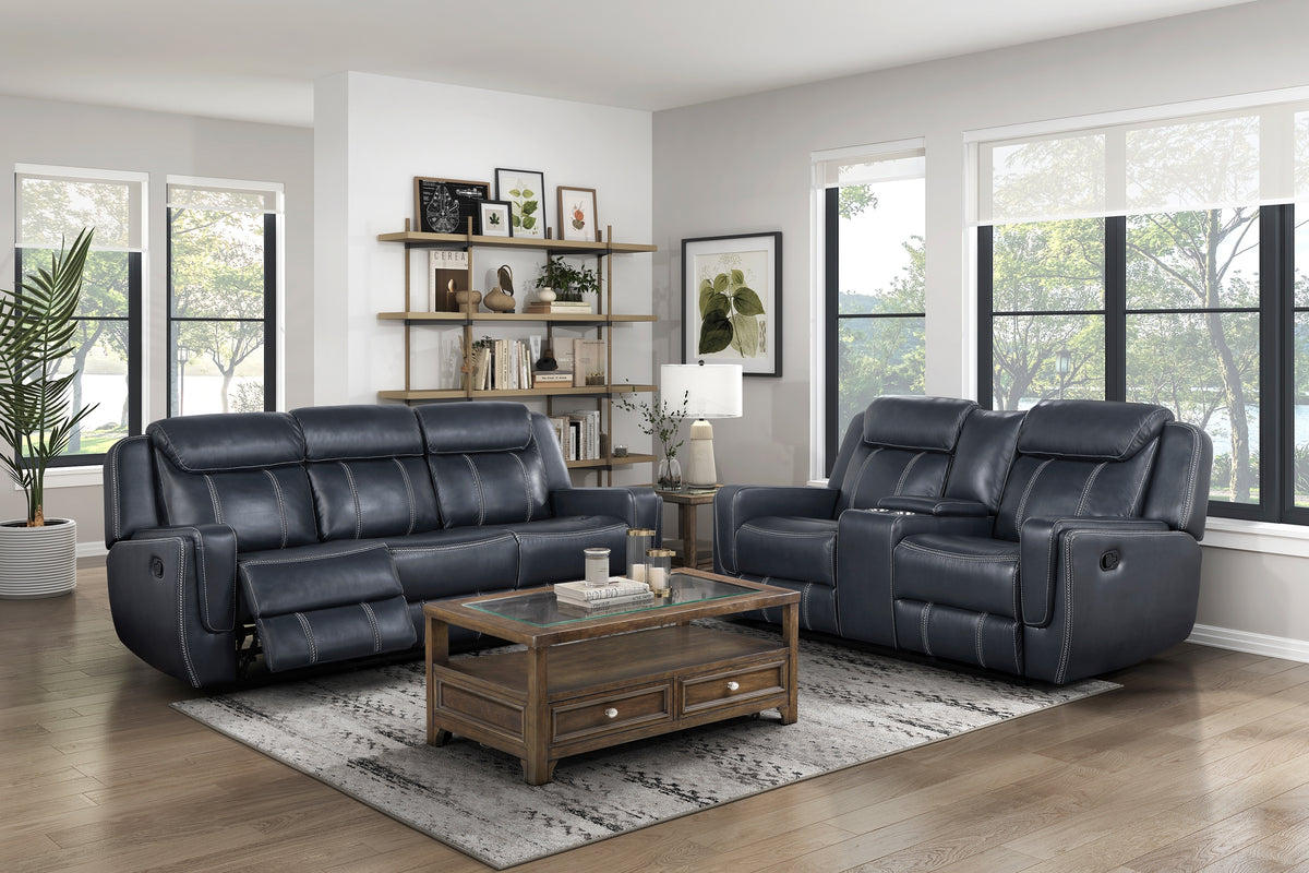 Blue Vegan Leather Reclining Sofa and Loveseat Set, USB Charging