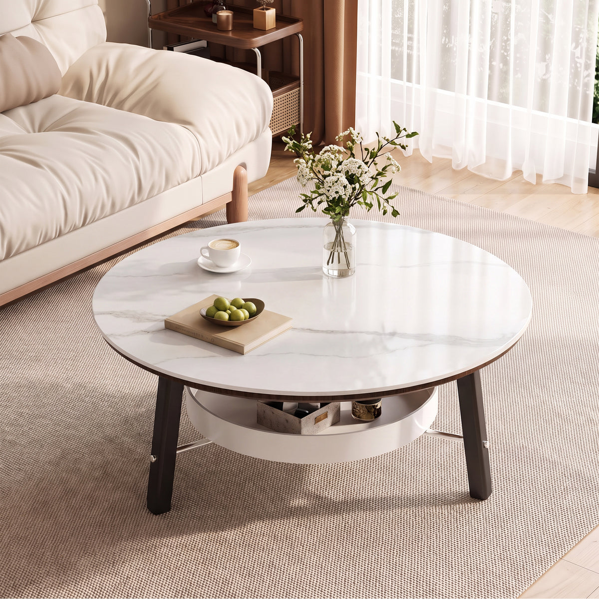 White Sintered Stone Marble-Look Round Coffee Table with Shelf, 35.4 in