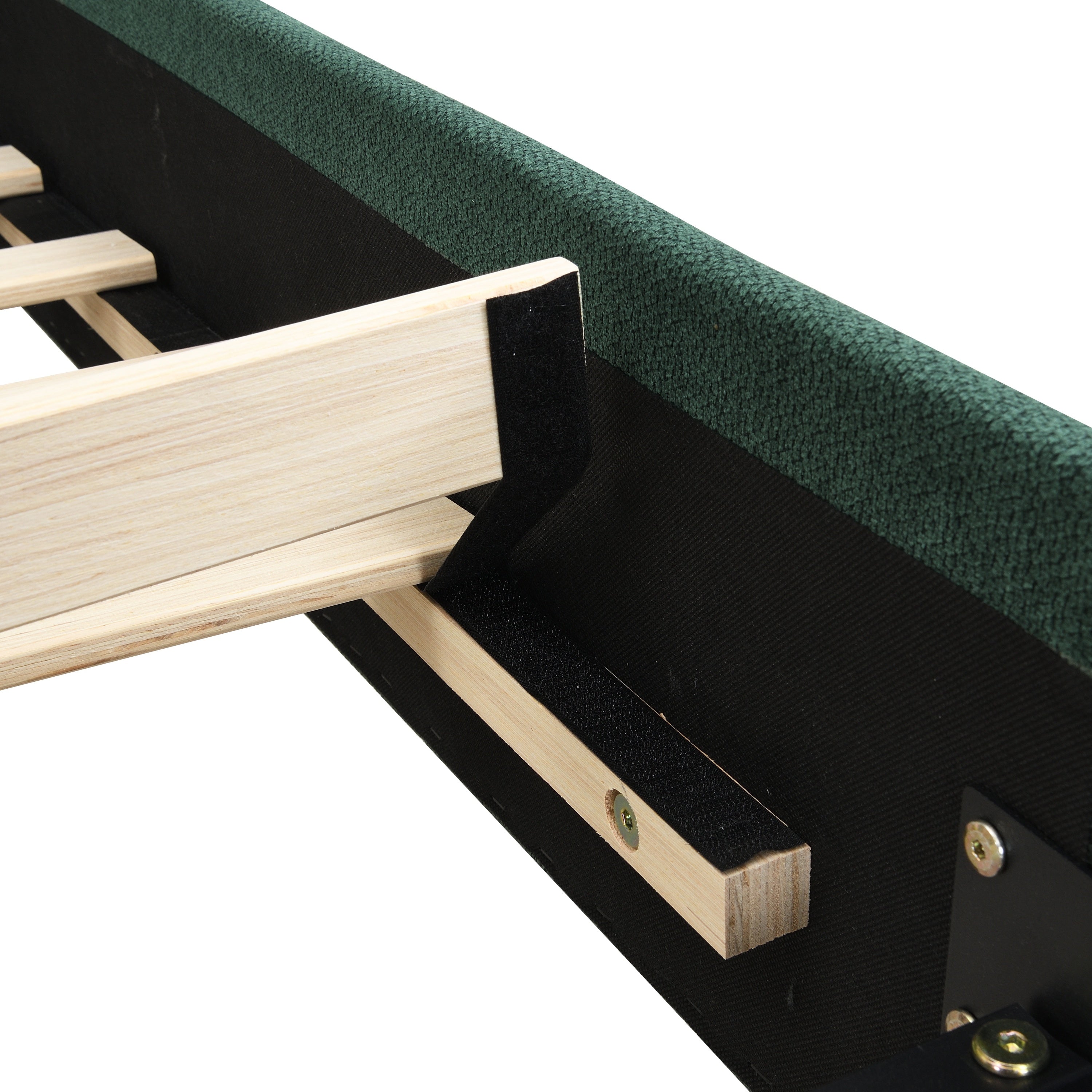 Close-up of slat-to-frame bracket connection on olive green bed frame