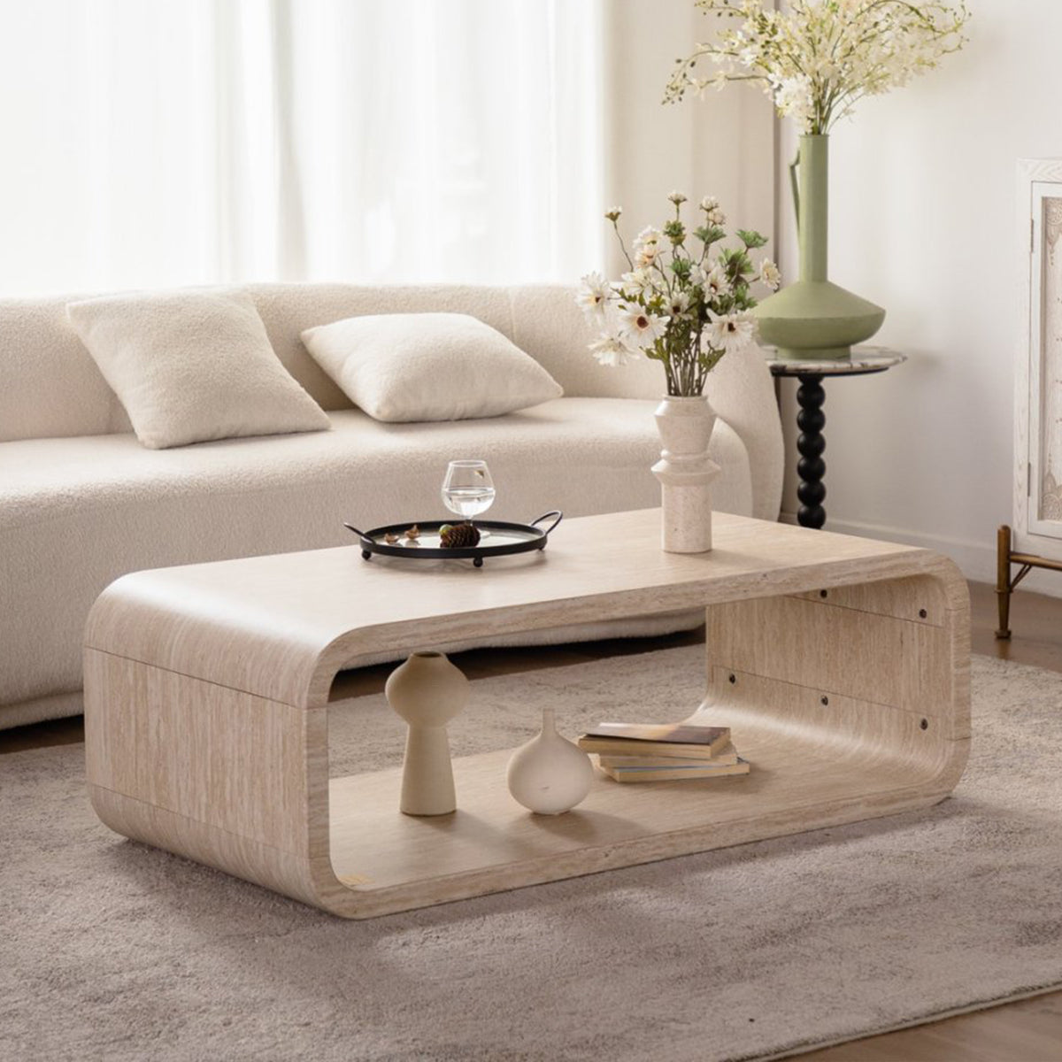Beige Curved Waterfall Coffee Table with Open Shelf, 47.2 in