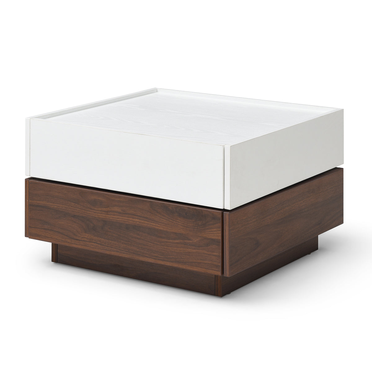 White and Walnut Square Swivel Coffee Table with 2 Drawers