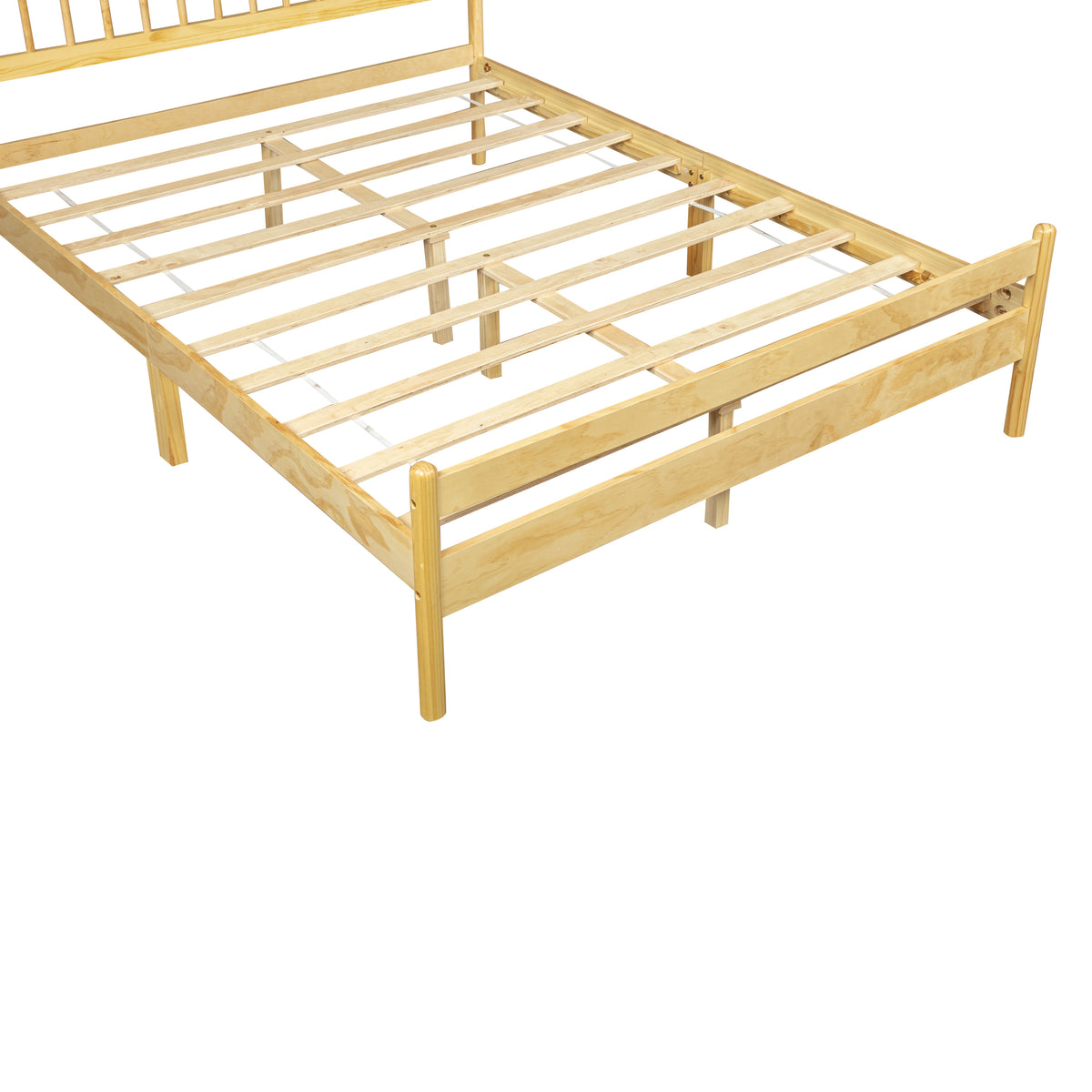 Close-up of the slat support system on the natural pine frame