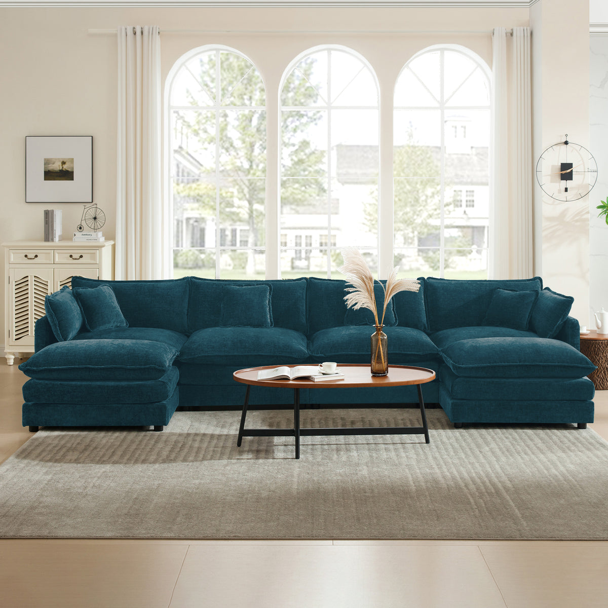 Blue Chenille U-Shaped Modular Sectional with 2 Ottomans