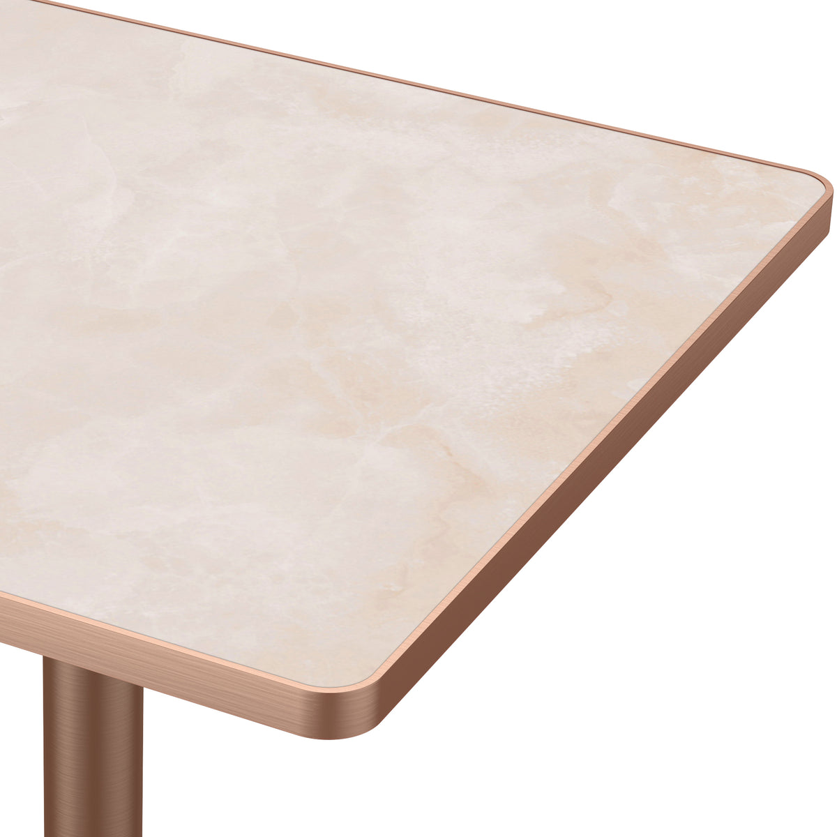 Close-up of pink onyx-look sintered stone tabletop corner and rose gold edge trim