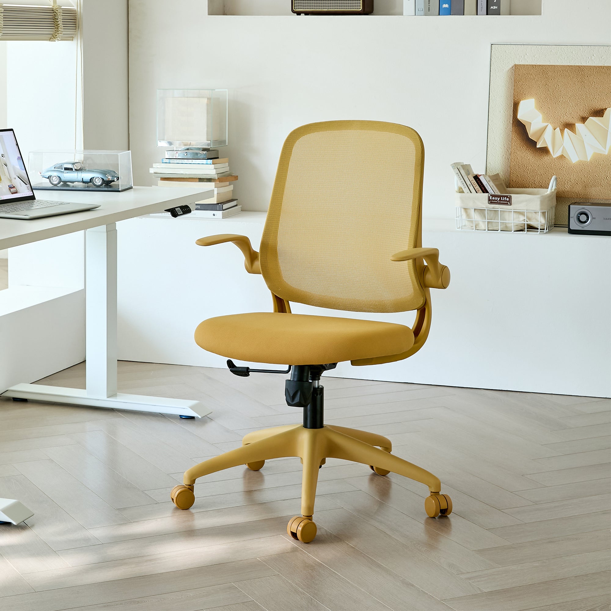 Yellow Mesh Office Chair, Height Adjustable, 36 in Tall