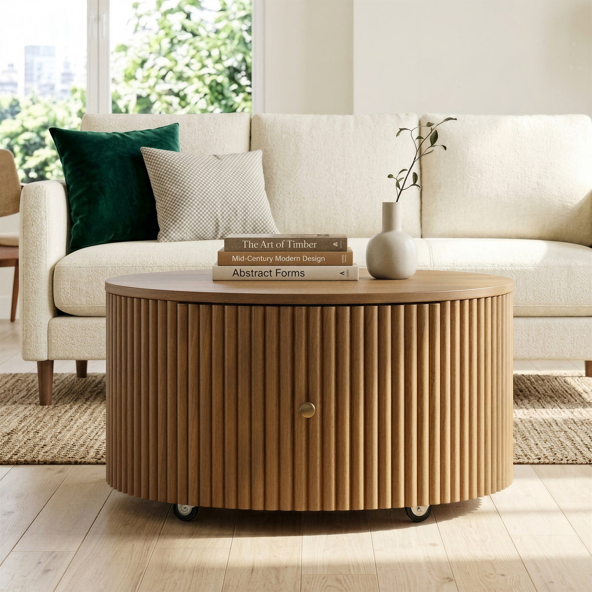 Walnut Round Fluted Coffee Table with Storage, 30.3 in, Pedestal Base