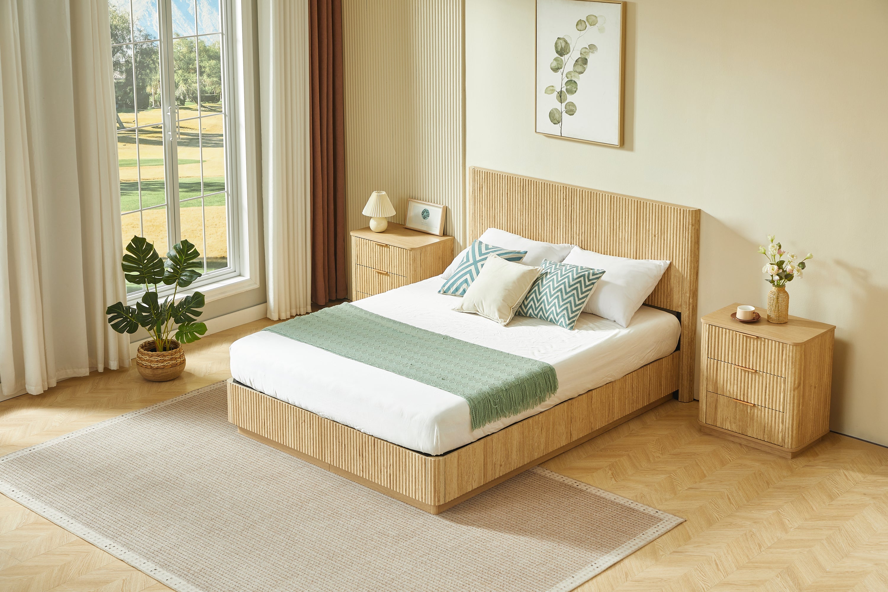 Wide angled light oak fluted queen bed styled in a bright bedroom flanked by two nightstands #Color_Oak