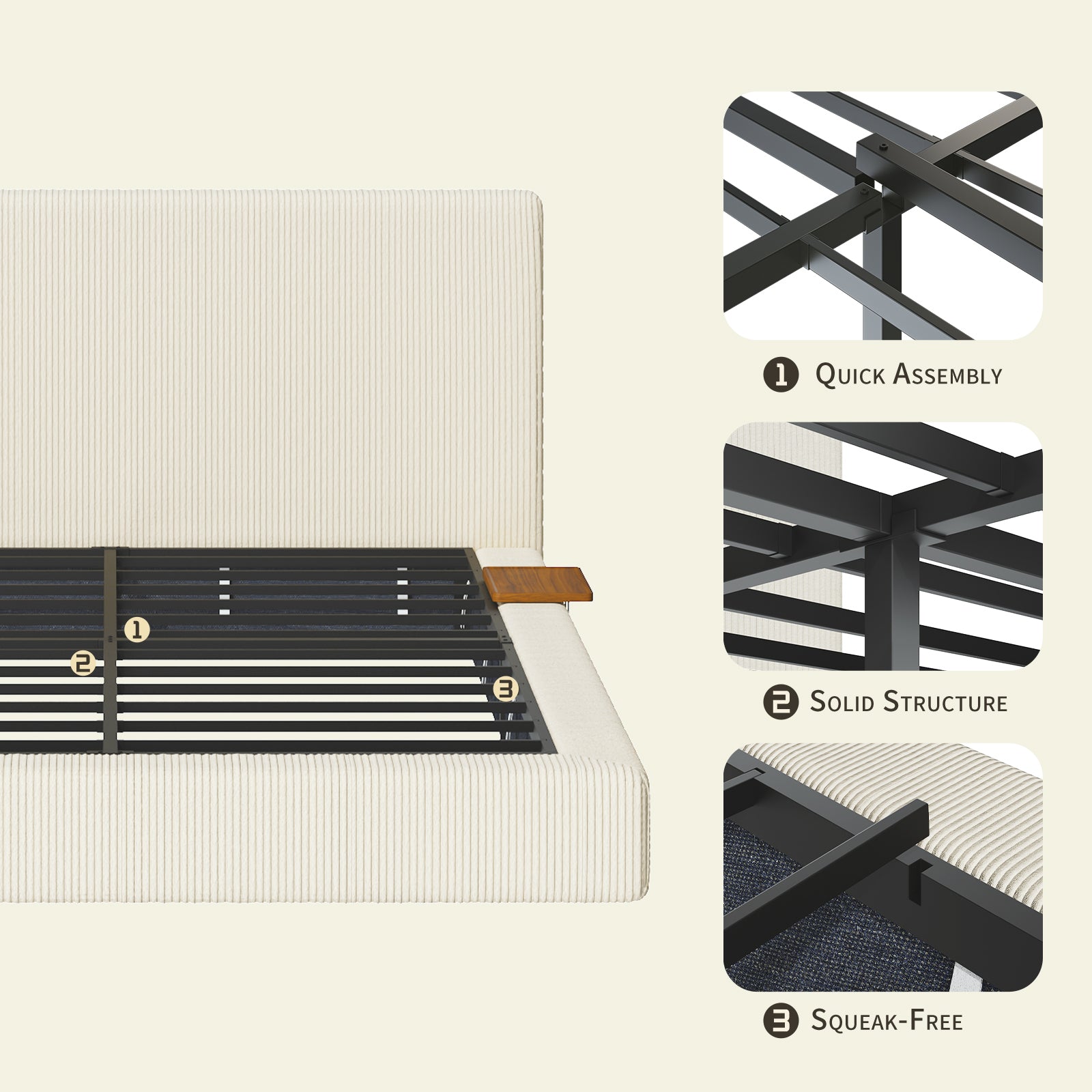 Cold-rolled steel platform and sliding wood shelf close-ups from the corduroy queen bed frame