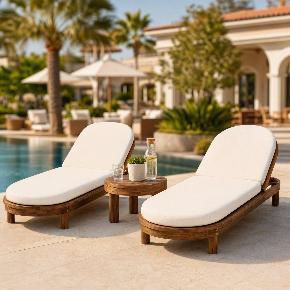 Teak Finish Solid Wood Adjustable Outdoor Chaise Lounge with Beige Cushion
