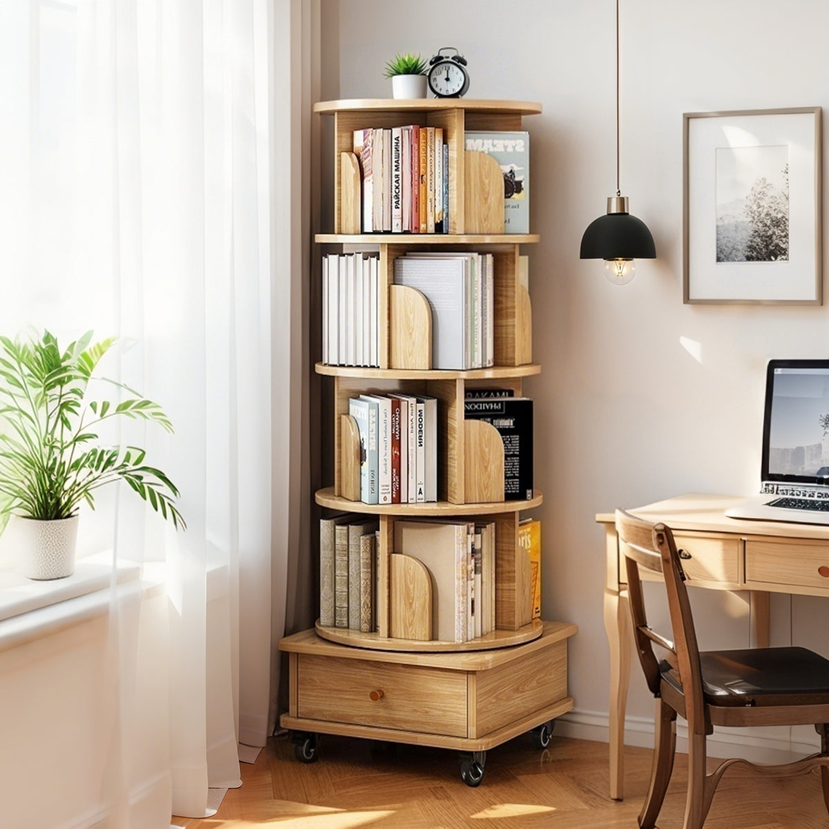 Rustic Bookcase, 4 Shelves, Rolling, 55.9 in Tall, Oak