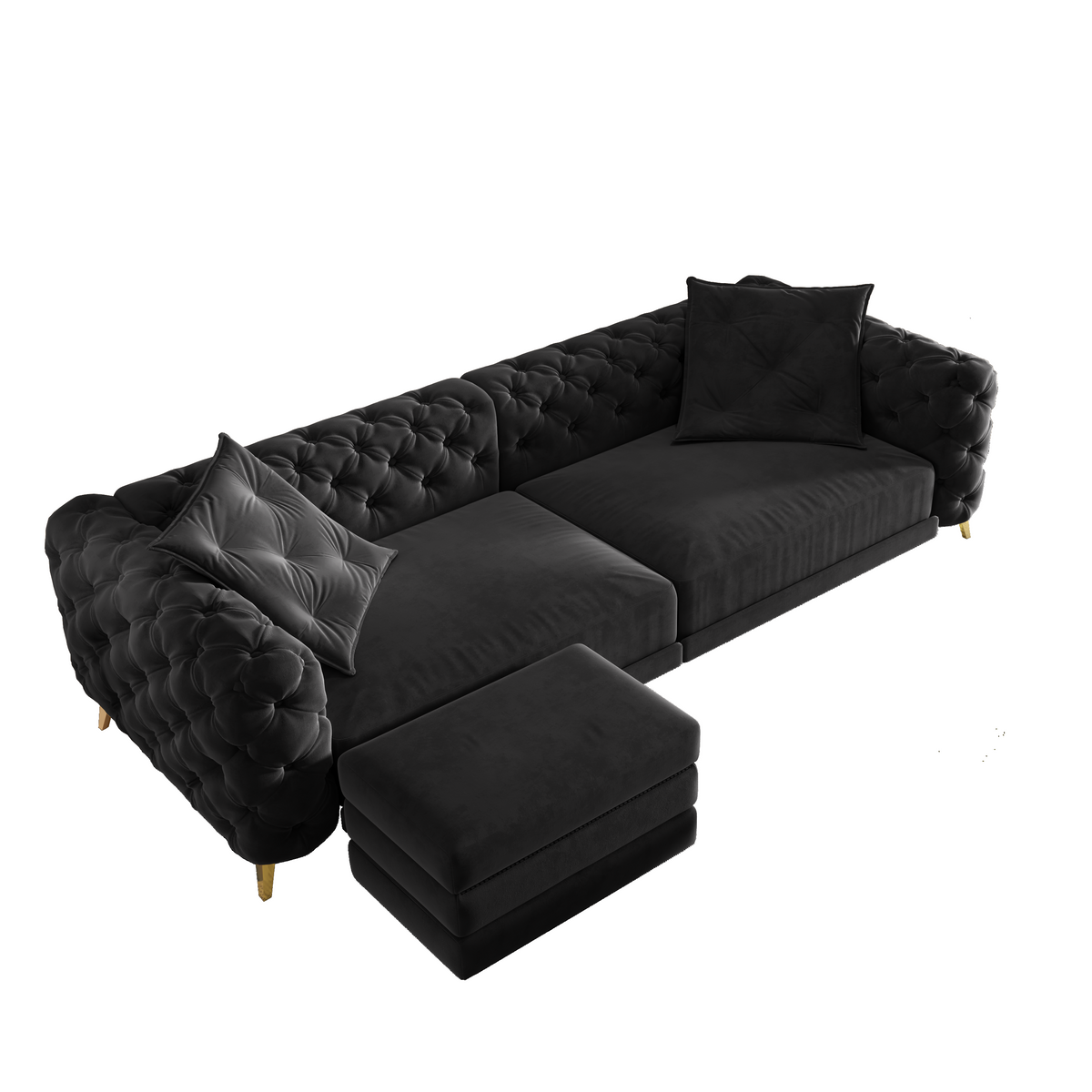 Black Tufted Velvet 4-Seat King Sleeper Sofa with Ottoman, 97.7 in Wide