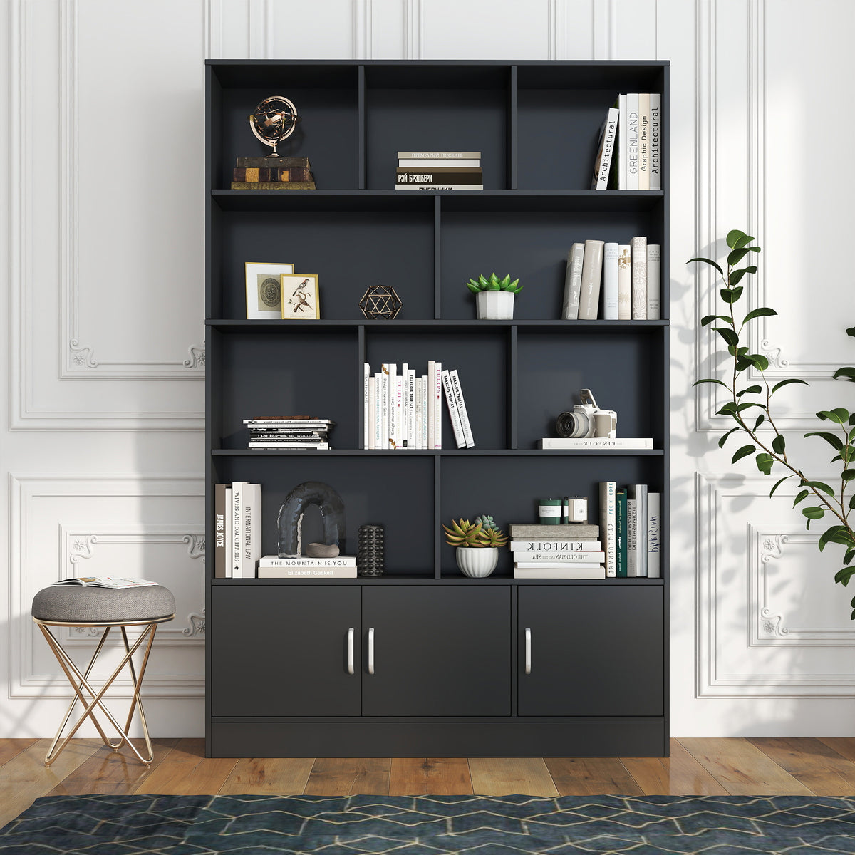 Modern Bookcase, 3 Doors, 70.9 in Tall, Black