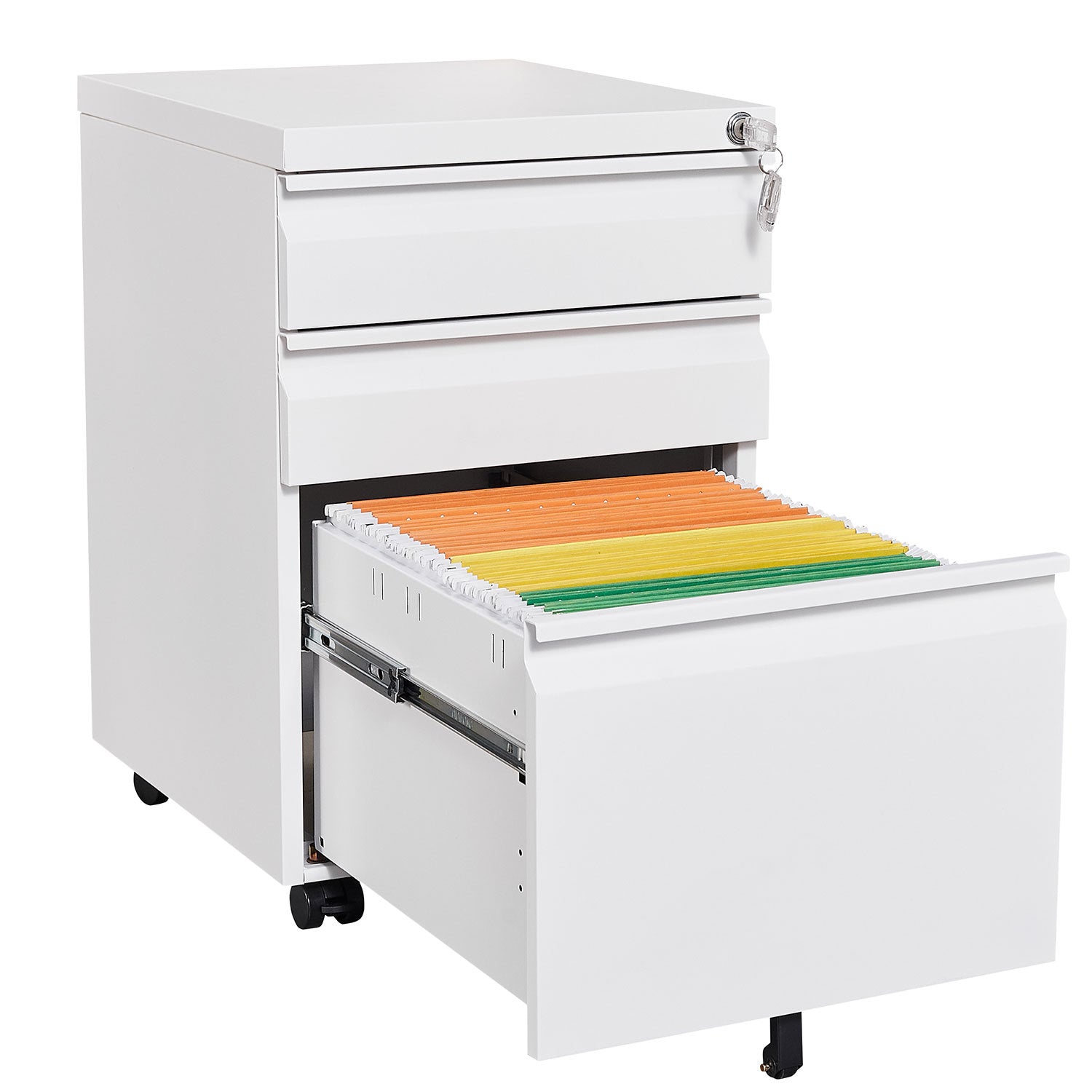 Rolling Modern Metal File Cabinet, 3 Drawers, Locking, 23.6 in Tall
