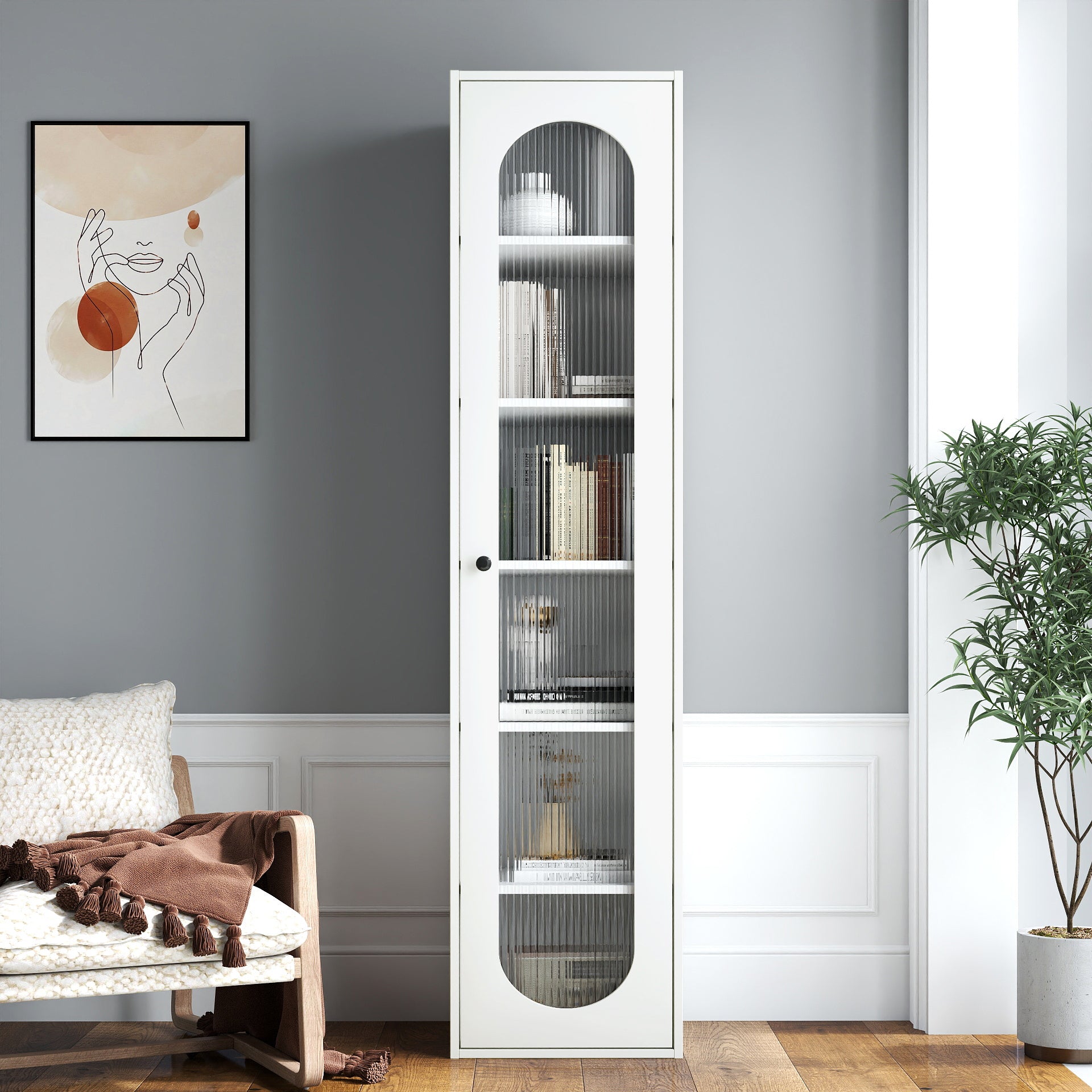 Modern Storage Cabinet, Glass Doors, 66.9 in Tall, White