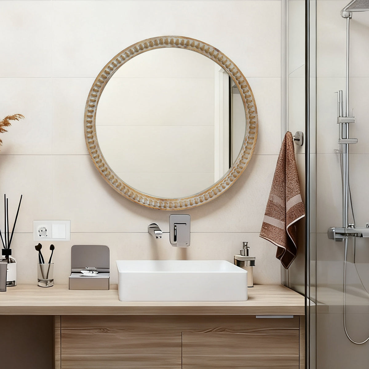 Distressed Beaded Round Mirror, 27.56 in, Natural Wood