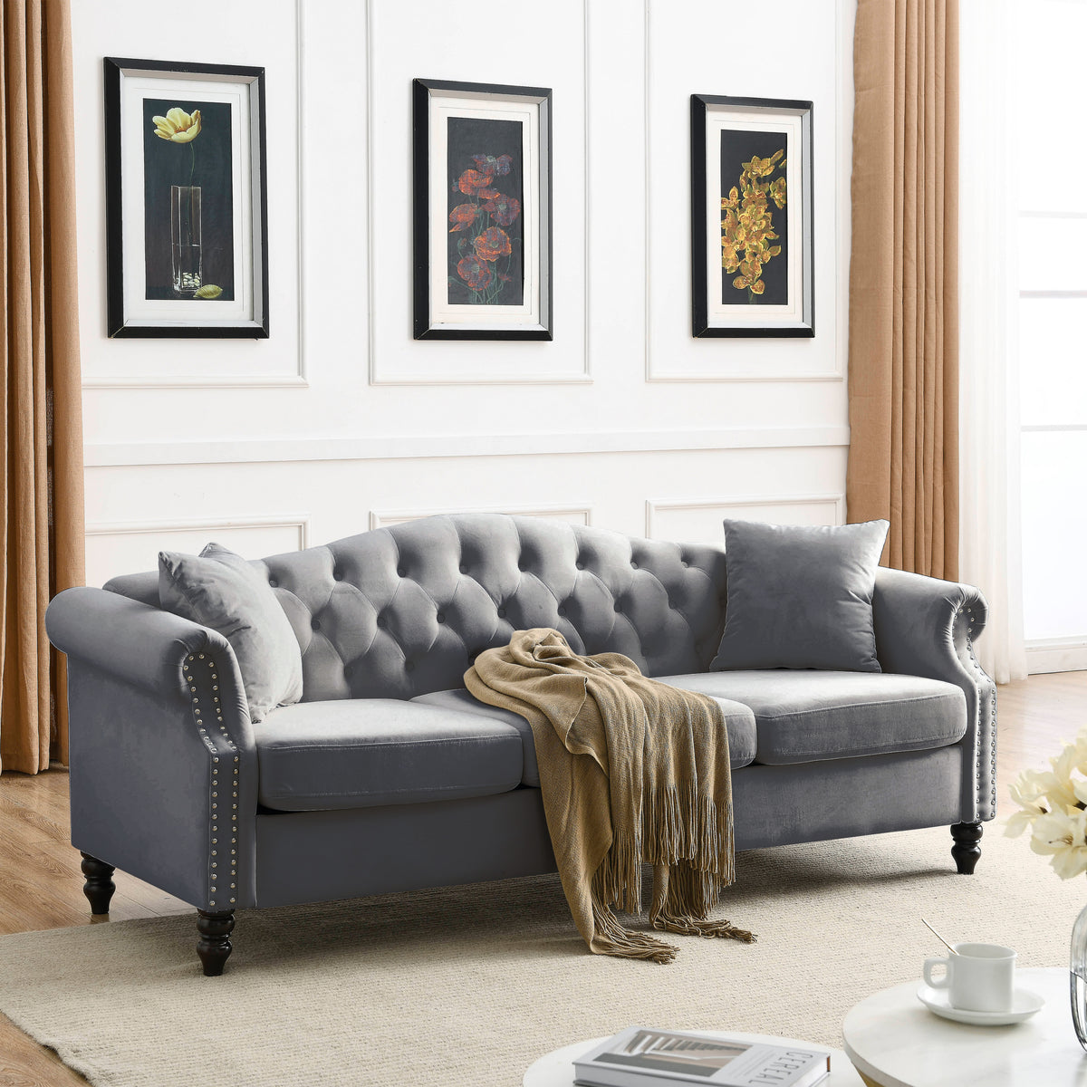 Gray Velvet 3-Seat Tufted Chesterfield Sofa, 79 in Wide